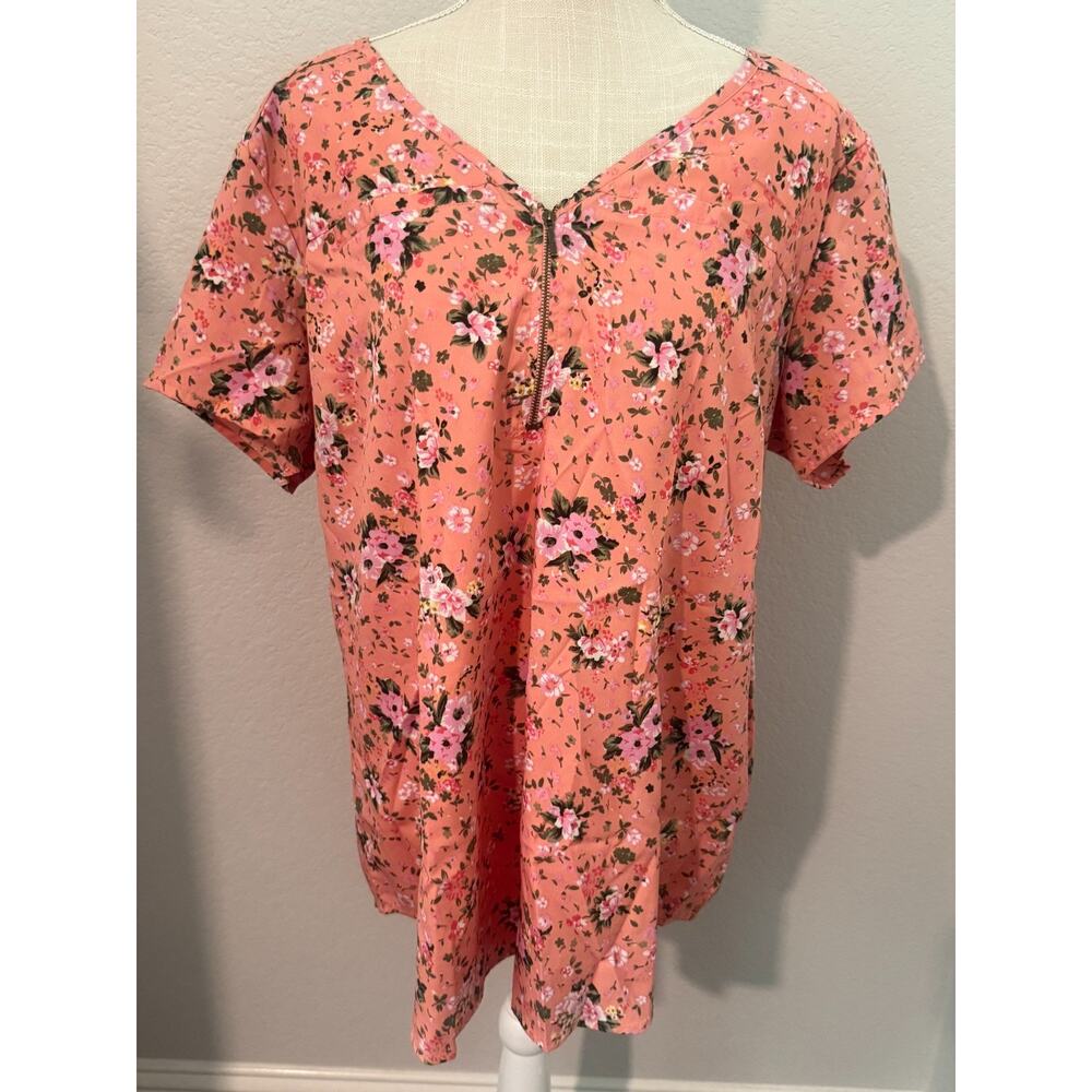 New Glory Women's Blouse Top Peach Floral Flowy Lightweight Short Sleeves - 2XL